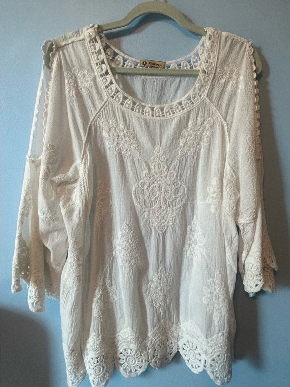 Democracy Cream Embroidered Crochet-Trim Cold-Shoulder Tunic
